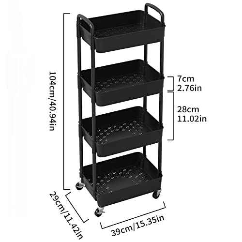 Sywhitta 4-Tier Plastic Rolling Utility Cart with Handle, Multi-Functional Storage Trolley for Office, Living Room, Kitchen, Movable Storage Organizer with Wheels, Black