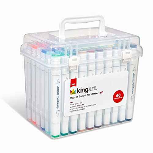 KINGART PRO Double-Ended Alcohol Ink Art Markers, 60 COLORS, Fine Point & Chisel Tips, Permanent with Superior Blendability, Includes Plastic Case, 60 Pc.