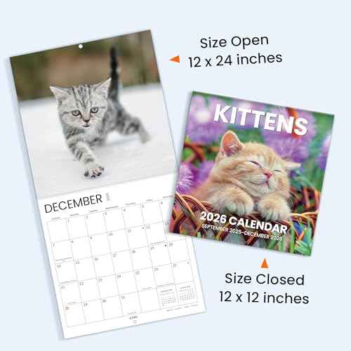 SUNEE Wall Calendar 2026, Kittens Calendar From September 2025 to December 2026, 12"x24" Opened, Cute Cat Theme Large Calendar 12"x12" for Organizing & Planning