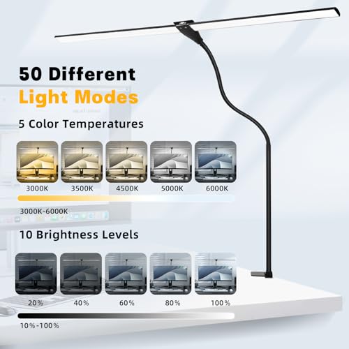 LED Desk Lamp for Home Office, 50 Brightness & Temperature Modes, Eye Protection, Dual Head Dimmable Table Light, 360¡Æ Adjustable Gooseneck with Clamp Remote Control, 90% Energy Saving (Black)