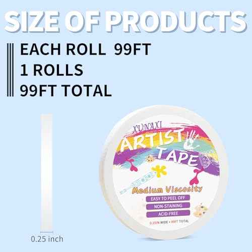 1 Packs Artist Tape Medium Tack White Art Tape for Watercolor Paper Drafting Art Painting Canvas Framing Acid Free Masking Tape- 0.25IN Wide 99FT Long Total