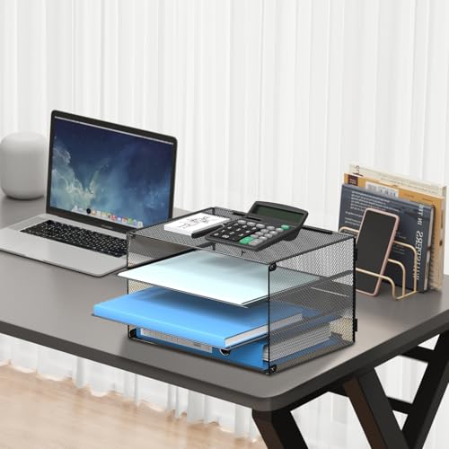 DALTACK Black 3-Tier Letter Paper Organizer with Sliding Mesh Trays - Space Saving Desk Storage
