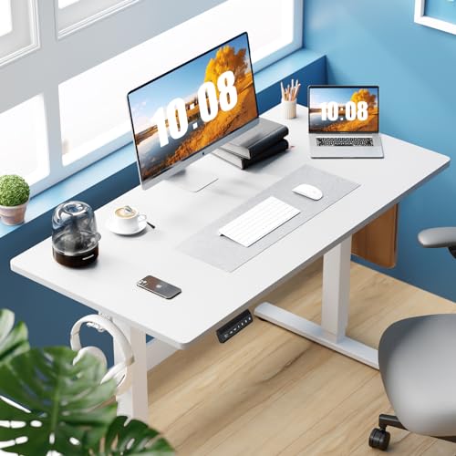 Sweetcrispy Electric Standing Desk Adjustable Height, 48x24 Inch Sit Stand Up Home Office Desks Computer Workstation PC Work Table with 3 Memory Preset Splice Wood Board Metal Frame, White