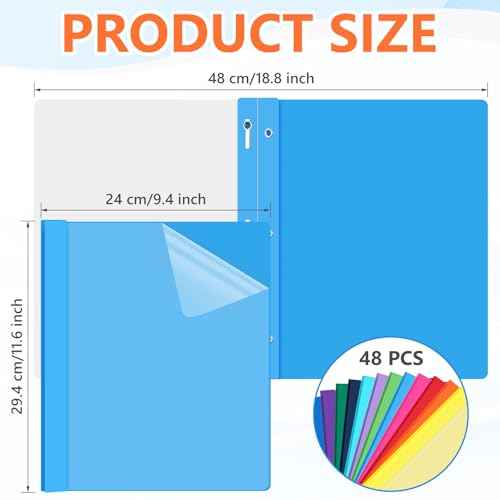 48 Pack Plastic Report Covers with 3 Prongs Presentation Folders Bulk, 100 Sheet Capacity, Clear Front Report Covers for Presentation Document Paper School Office Supplies (Colorful)