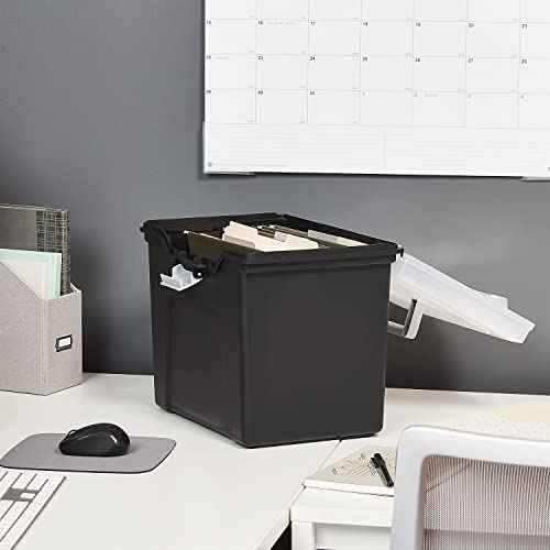 STAPLES File Folder Tote, Portable Filing Box, Letter Size Hanging Folders, Security Latch & Built-In Lid Organizer, Black/Clear