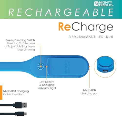 The Original Mighty Bright Recharge Clip On Rechargeable Book Light Reading Light, Warm Eye Care LEDs, Flexible, Durable, Dimmable, Perfect for Kids, Bookworms, Reading in Bed, Lasts 60 Hours (Blue)