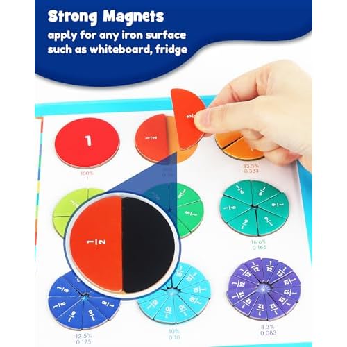 D-FantiX Magnetic Fraction Educational Puzzle, Magnetic Fraction Tiles & Fraction Circles Set, Math Manipulatives for Elementary School, Montessori Fraction Manipulatives Learning Toys for Kids