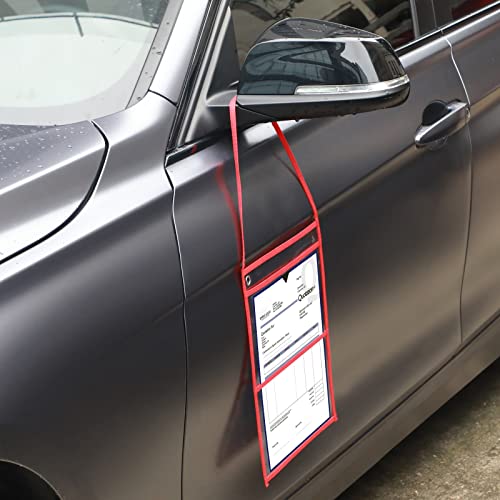 Epakh 30 Pack Shop Ticket Holders 9 x 12 Inch Work Order Plastic Sleeves Job Ticket Holders Dry Erase Repair Order Sleeves with Hanging Strap, Both Sides Clear(Red)