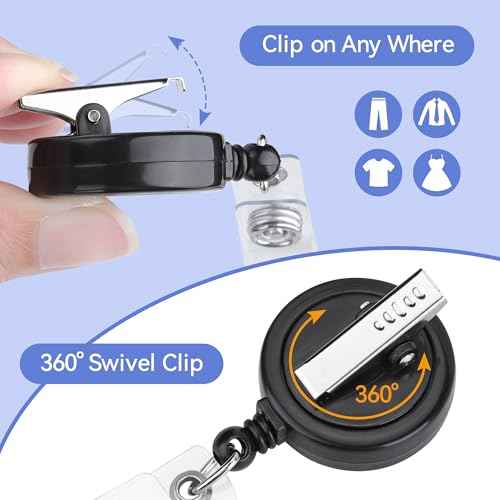 Teskyer 5 Pack Badge Reel, Easy to Attach Alligator Clip, 360 Degree Swivel Badge Holder Retractable Clip, Lightweight, Extend up to 23.6 Inch, Black