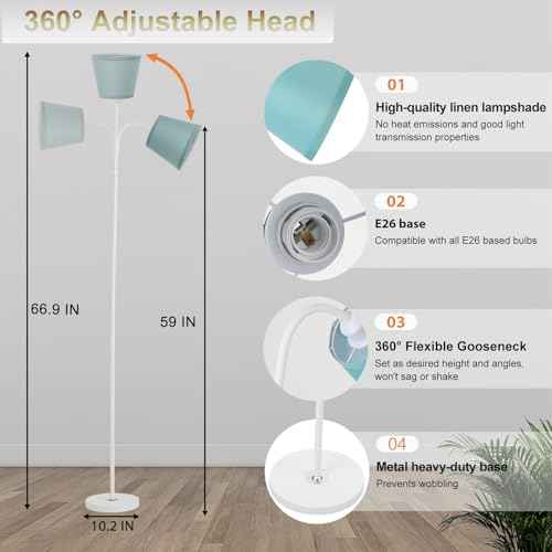 AoMck Floor Lamp for Living Room, Industrial FloorLamps with Adjustable Gooseneck Bendable, 2 in 1Reading Table Lamps for Living Room Bedroom Office12W Bulb Included (W+Green Shade)