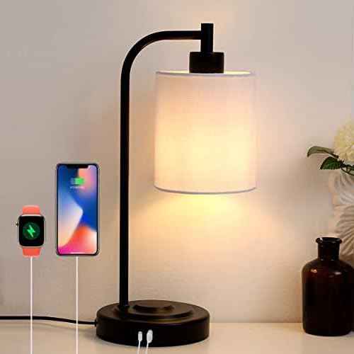 Modern Desk Lamp with Fast Dual USB A+C Charging | Touch Control Bedside Table Lamp for Bedroom Office, Fabric Shade, Metal Base, Bulb Included