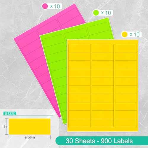 L LIKED 900 Assorted Fluorescent Neon Address Labels, 1" X 2-5/8" Bright Fluorescent Paper Labels for Shipping Envelopes & Small Packages - Green, Yellow, Pink - 30 Sheets