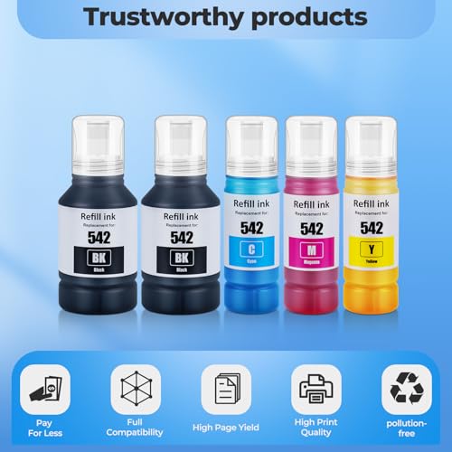 542 Ink Refill Bottles ET-5150 ET-5170 ET-5180 ET-5850 ET-16600 Replacement for 542 Ink ET-5800 ET-16650 ET-5880 ET5850 ET5150 ET5170 ET5180 5850 5800 5880 Printer, 5 PACK (2Black Cyan Magenta Yellow)