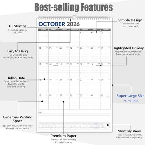 GuassLee Extra Large Wall Calendar 2026, 36"x 24" Jumbo Vertical Wall Planner 2026-2027 from January 2026 to June 2027,18 Months with Julian Dates and Notes for Office School Home Teacher Planning