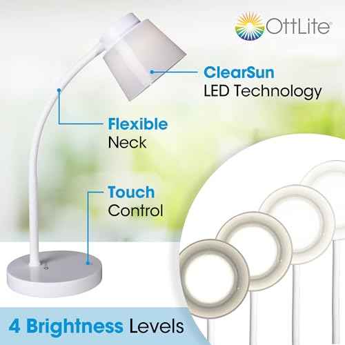 OttLite Clarify LED Desk Lamp with 4 Brightness Settings ? Touch Activated Controls, Modern White Design, ClearSun LED Lighting, Flexible Neck, for Work, Study, Reading, Crafting