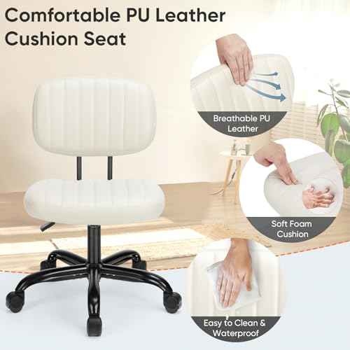 DUMOS Small Armless Home Desk Chair with Low Back Lumbar Support, Height Adjustable PU Leather Computer Task Chair with 360¡Æ Swivel Wheels, for Small Space, Kids and Adults, Beige White