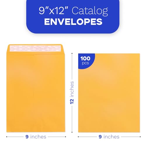9x12 Manila Envelopes Self Seal 100 Pack, Goefun Yellow Brown Large Catalog Envelopes 9 x 12 Letter Size for Mailing, 80GSM Paper