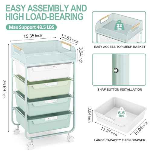 Rolling Utility Storage Cart with 4 Drawers - 4 Tiers Rolling Cart Craft Cart, Storage Drawer Cart Organizer for Craft Room Office Bedroom Classroom with Mesh Top & 4 PCS DIY Lable, Green