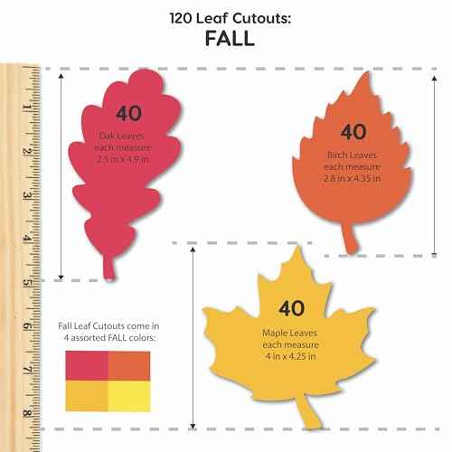 120 Pieces Fall Leaf Paper Cutouts with IDEA Guide, 2-Sided US Made Card Stock Punch Out Maple, Oak, and Birch Leaves for Bulletin Boards, Classroom Decor, Autumn Crafts, DIY Scrapbook, and Posters