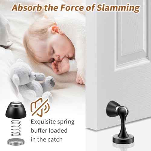6 Pack Door Stoppers, Black Magnetic Door Stops, Heavy Duty Wall Floor Magnetic Door Catch, Brushed Oil Rubbed Magnet Doorstop to Keep Doors Open
