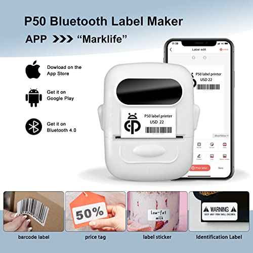HYBSK Bluetooth Thermal Printer with Label, P50 Portable Barcode Label Maker Machine for Retail,Small Business, Office,Compatible with iPhone/Android (White)