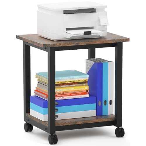 Under Desk Printer Stand, 2-Tier 19.5''x 16''x 22'' Rolling Printer Stand Storage Shelves for Printer, Scanner, Fax Machine, Files, Books with Anti-Skid Feet for Home, Office, Brown