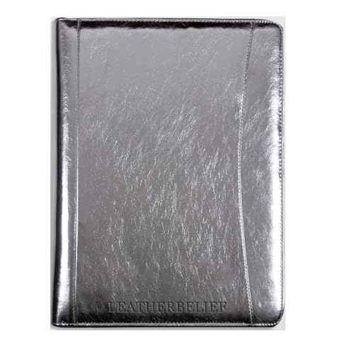 Glossy Silver Eco-Friendly Leather A4 Portfolio with Zipper 5 Card Slots, 1 ipad and 1 Cell Phone Pockets, 3 Pen Holders, 1 Zipped Pocket, 3 Ring Binder, and More