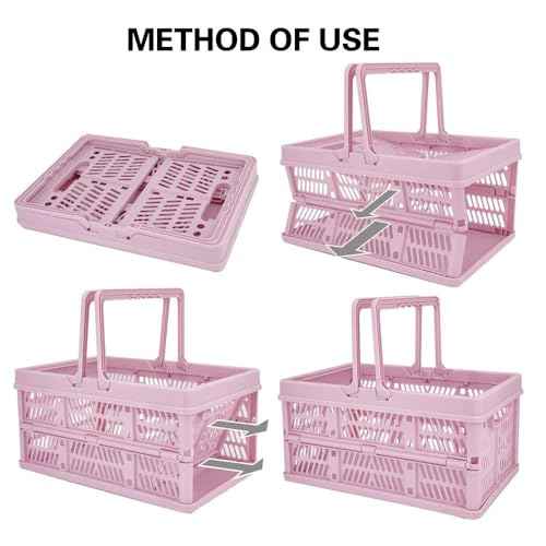Pink crates for storage,plastic baskets for organizing,collapsible shopping basket,20L foldable crate with Handles,9.84"x14.96" x 7.87",Car Milk Dairy crate for Kitchen,Bathroom,Medicine Garage