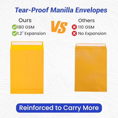 Goefun Yellow 10x13 Heavyweight Manilla Envelopes with Gussets - Expandable, Self-Sealing, Pack of 25