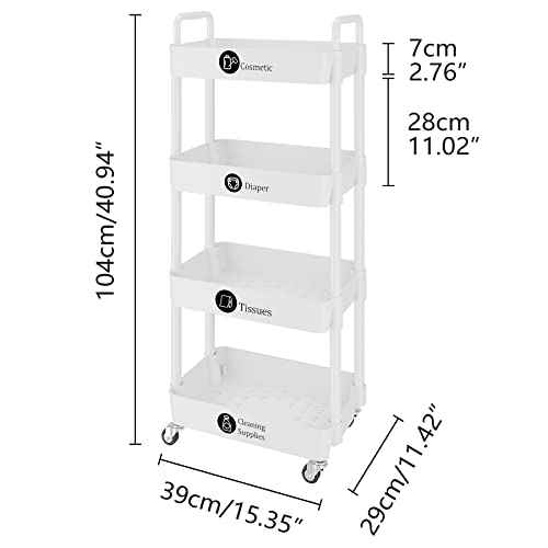 UDEAR 4-Tier Rolling Utility Cart with 12 Category Labels,Multifunctional Storage Shelves with Handle and Lockable Wheels for Room,Office,Kitchen,Bathroom,White