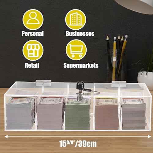 Acrylic Locking Currency Tray With 300 Currency Wrappers, 5 Compartment Clear Cash Organizer Money Storage Box with Lockable Cover for Cash, Moneyboxes Currency Cash Holder for Money
