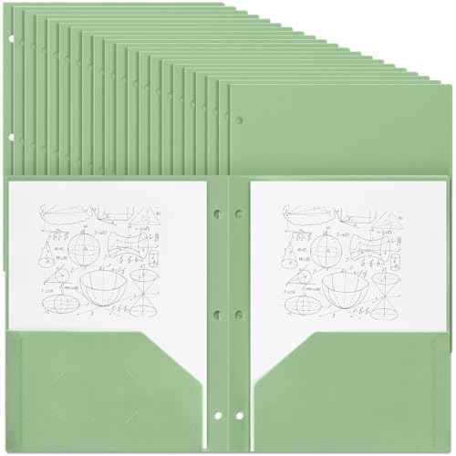Yeaqee 100 Pcs Plastic Folders with Pockets Bulk 3 Hole Punched 2 Pocket File Folders for 3 Ring Binder Divider Folder for Notebooks, Durable Poly for Office Home (Sage Green)