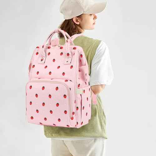 College Laptop Backpack, Travel Backpack for Women, Corduroy Casual Daypack, School Backpack Bookbag for Girls (Pink Corduroy Strawberry)