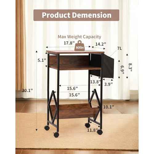 KATHY&BOB 3-Tier Printer Stand Mobile File Cabinet for Home Office with Side Storage Bag, Rolling Filing Cabinet with Open Storage Shelf, Fits A4 or Letter Size, Brown Under Desk Organizer