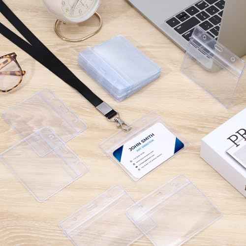 50 Pack Extra Thick Horizontal Badge Holder Plastic Clear ID Card Holder with Resealable Zip Waterproof Name Tag Holders