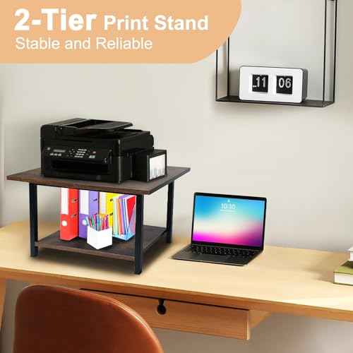Printer Stand, Under Desk Printer Table with Wheels, 2 Tier Industrial Mobile Printer Table with Storage Shelf, Rolling Printers Cart Holder for Home, Office, Rustic Brown and Black