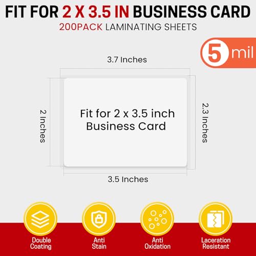 CAREGY 200 Count Thermal Laminating Pouches,5Mil,Hold 2 x 3.5 inch Business Card Laminate Pouches for Laminator, Clear Lamination Paper Protection 2.3 x 3.7 inch, Round Corner, Home & Office