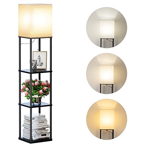 SUNMORY Black Square 4-Tier Shelf Floor Lamp with Shelves, Adjustable Color Temperature