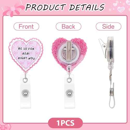 Heart Shaped Nurse Badge Reel Cute and Funny Pink Bow Badge Reel Nursing Be so for Real Right Now Pediatric Healthcare Retractable Badge Holder Nurse Gifts for Coworker Friends