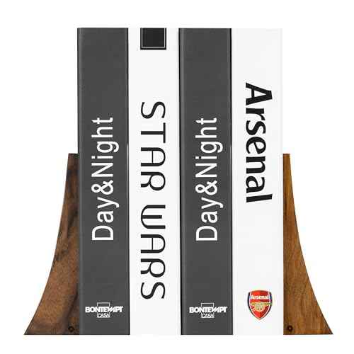 TILISMA Bookends, Walnut Wood with Metal Base - 2 Handmade Book Holders for Heavy Books - Decorative Accessories for Bookshelf Organization and Display
