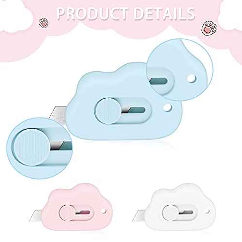 12 Pieces Cute Box Cutter Utility Retractable Knives, 6 Cartoon Kawaii Cat Claw Box Cutters Pointed, 6 Cloud Letter Opener Cardboard Envelope Slitter Knife for Office and Home Use