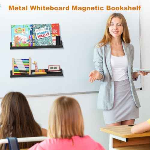 2 Pack Magnetic Book Shelf for Whiteboard - 17 Inch Reusable Metal Magnetic Shelves, Holds 12 lbs, Magnetic Book Display for Classrooms, Kitchen, Kids' Room - New Black