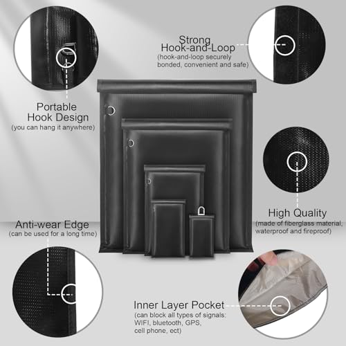 Yaokvide 5 Pack Large & Small Faraday Bags - Waterproof, Fireproof Signal Blocker, No Reflective Strip, Black