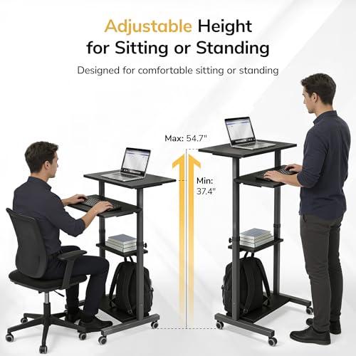 Mount-It! Grey Rolling Standing Desk on Wheels, 54.7" Adjustable Height, 27.5" Wide Mobile Workstation