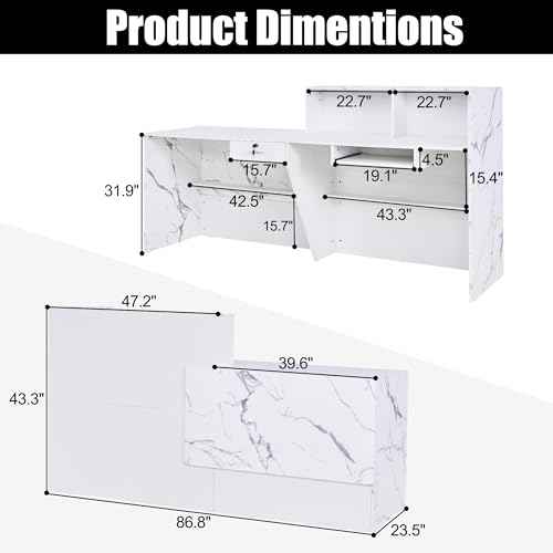 Reception Desk,Modern Checkout Counter with Lockable Drawer,Keyboard Tray and Shelves,White Receptionist Desk for Corporate and Hotel Lobbies£¨23.6¡±D x 86.6¡±W x 43.3¡±H£©