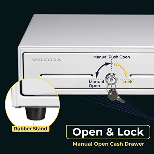 Volcora 13" Manual Push Open Cash Register Drawer for Point of Sale (POS) System, White Heavy Duty Till with 4 Bills and 5 Coin Slots, Key Lock with Fully Removable Money Tray and Double Media Slots