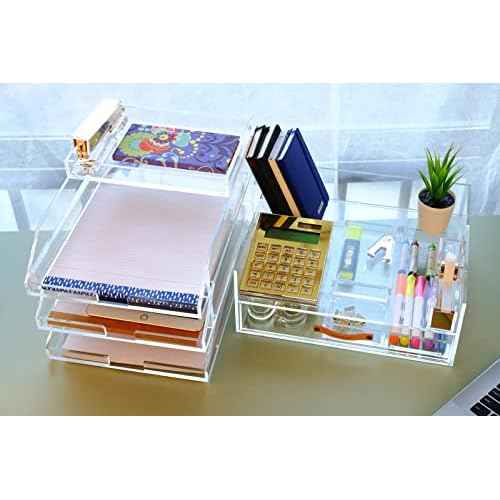 Acrylic Desk Organizer Drawer + Inbox with Letter Tray 12.6¡± x 10.6¡± x 5¡±, A4 Size, Clear