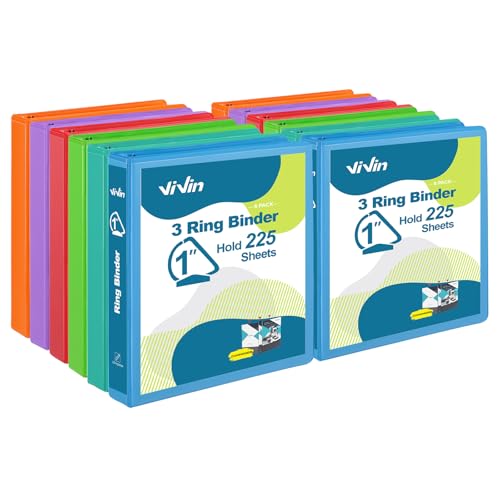 ViVin Sturdy 1 Inch D Ring Binders, 3 Ring Binders with 2 Pockets, Hold 225 Sheets of US Letter Size Paper for Office,Home,School, 12 Pack (Assorted)