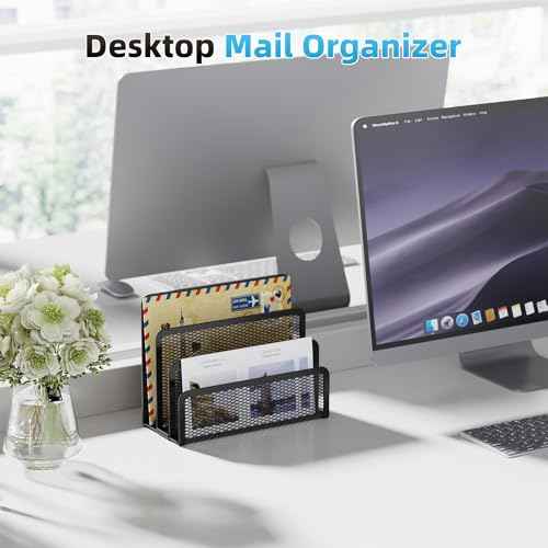 Marbrasse Mail Organizer for Desk, 3-Slot Mesh Metal Mail Holder countertop, Letter Holder, Office Desktop Envelope and Document Storage Rack (Black)