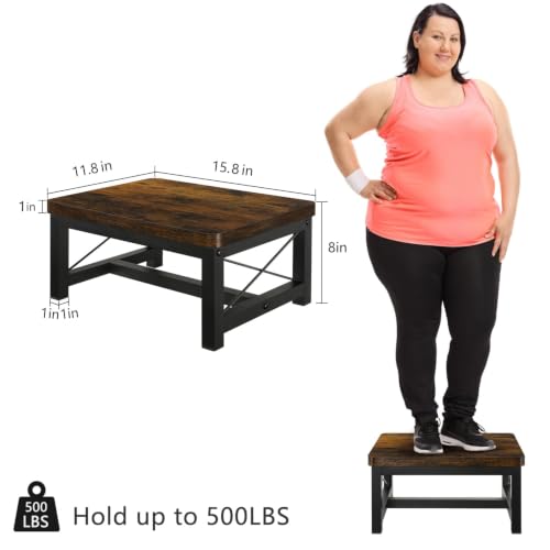 YINMIT Rustic Brown 1 Tier Wooden Step Stool Heavy Duty 500 lb Load Capacity